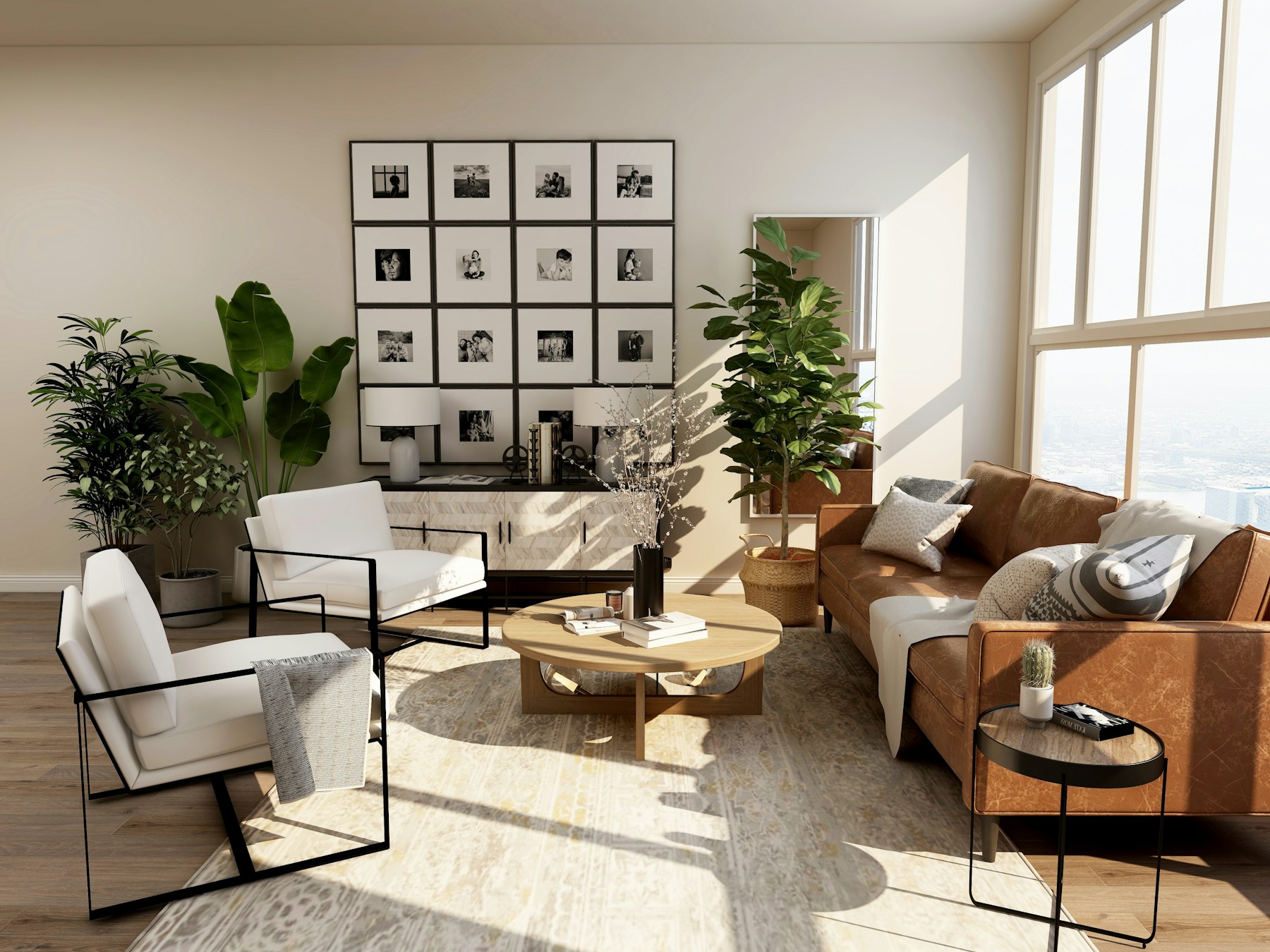 A welcoming living space with a sofa, plants and a tidy coffee table