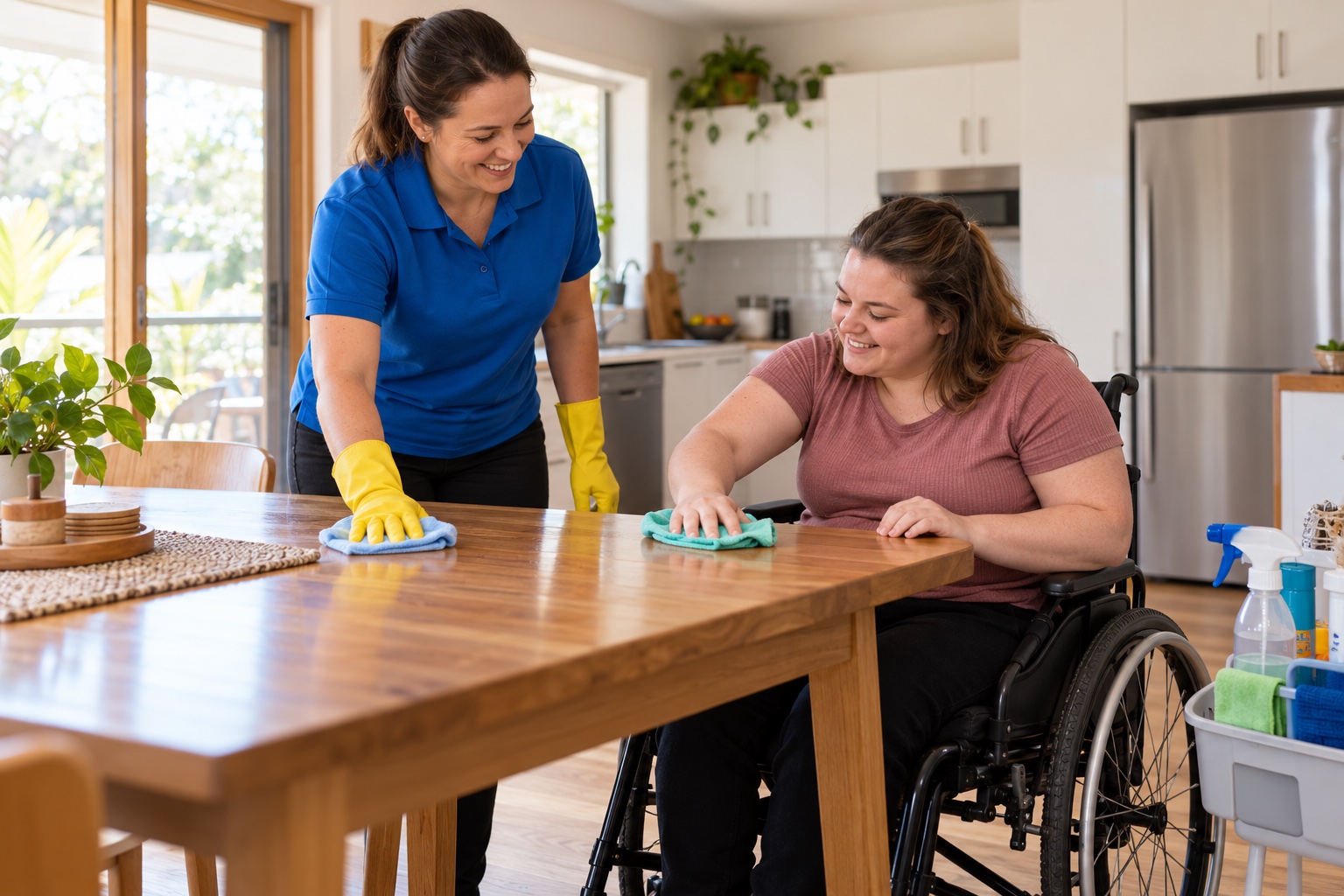 Illustrative image of a female support worker helping a wheelchair user clean a table at home